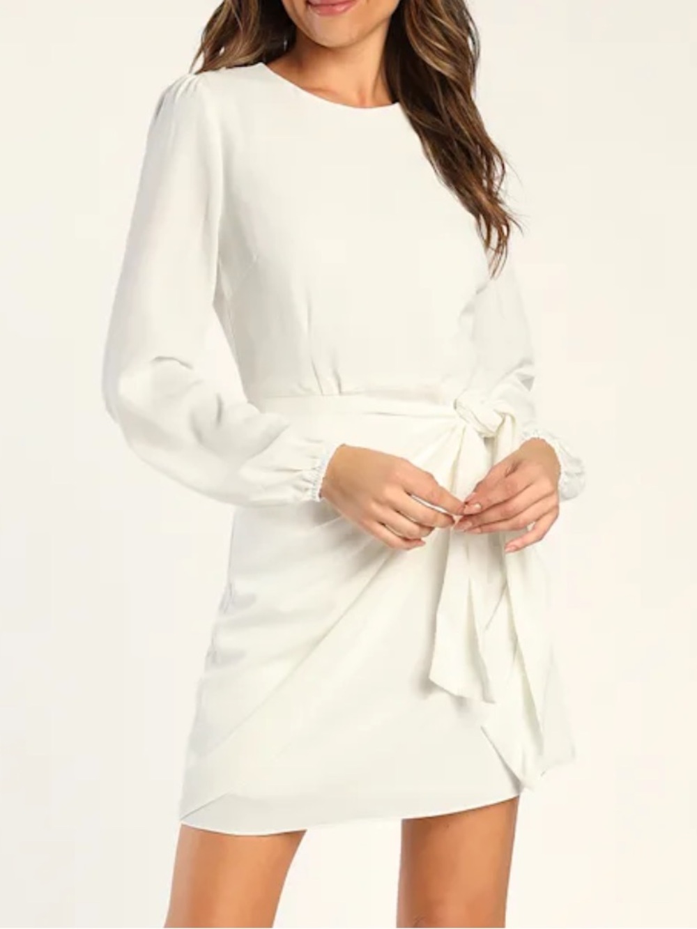 Lulus Believe It or Knot White Long Sleeve Tie-Front Skater Dress